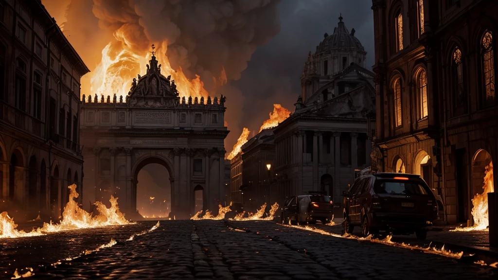 Old Rome, Midnight, dramatic,in the dark,dark, burning cathedral in the distance, Create a high-resolution digital painting of a street in the old rome with a burning cathedral in rome illuminated by the intense flames engulfing dimly the scene The background features the crumbling arches and shattered stained glass windows of the cathedral, all consumed by fire. The overall atmosphere is dark, chaotic, and anticlimactic with vivid details of the burning inferno heavy use of dramatic lighting and bold contrasts