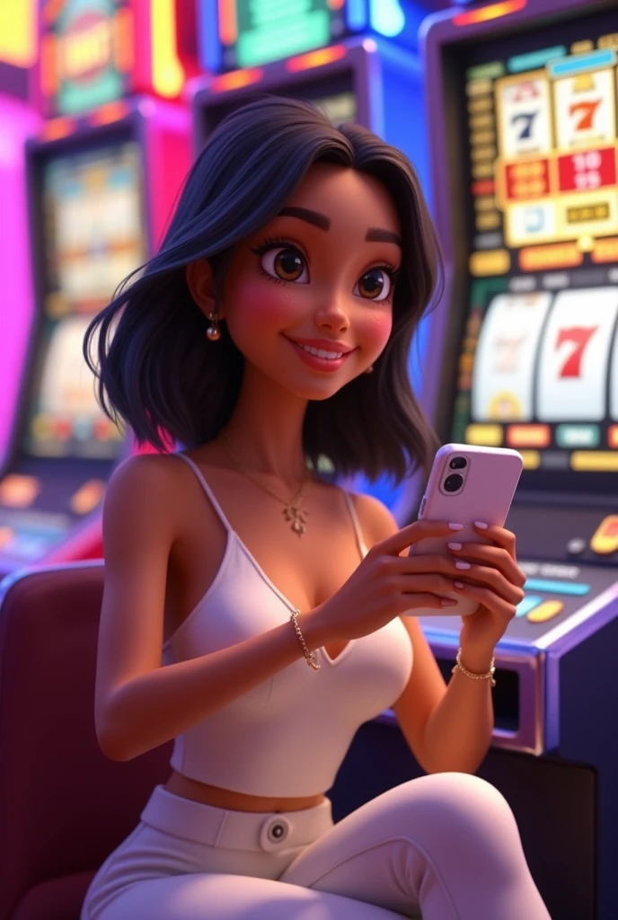 create a pixar-style 3d illustration of a Brazilian woman with light brown skin, flat hair, eyes black, a little pulled, slightly arched eyebrows cut at shoulder length, with lighter highlights at the ends, Your smile conveys a feeling of confidence and friendliness. delicate accessories, white look with cropped top and loose and elegant white pants, delicate accessories. She is sitting in front of a colorful slot machine, with its lights reflecting on the scene, and your smile shows expectation, holding a white iPhone. well-lit 