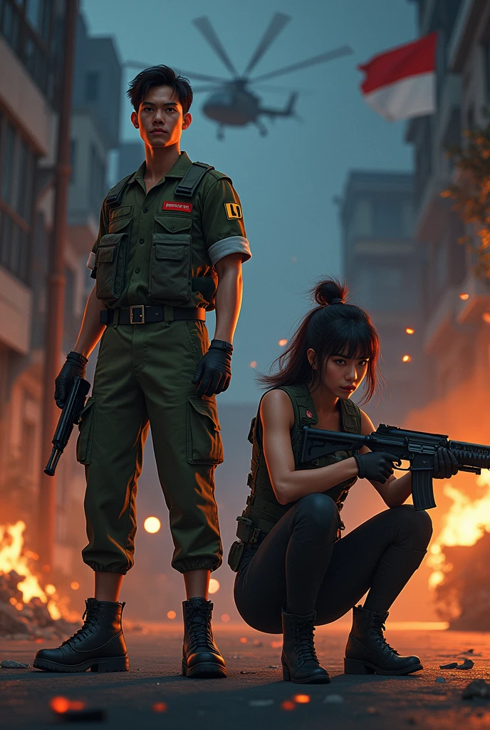 (POV). coupel,a handsome young man wearing army clothes (TNI indonesian) bearing the text "LD" small logo, muscle body, body facing the camera, With a squatting style in the middle of the road, and The beautiful and cute girls from Indonesian, beautiful round face, badass lady with black (hairstyle), (accessoris), dressing in military vest, While sitting squatting in the middle of the road,faintly facing forward,by the night city,there's fire, there's helicopters, with sniper-gun next her And the Indonesian flag is flying.