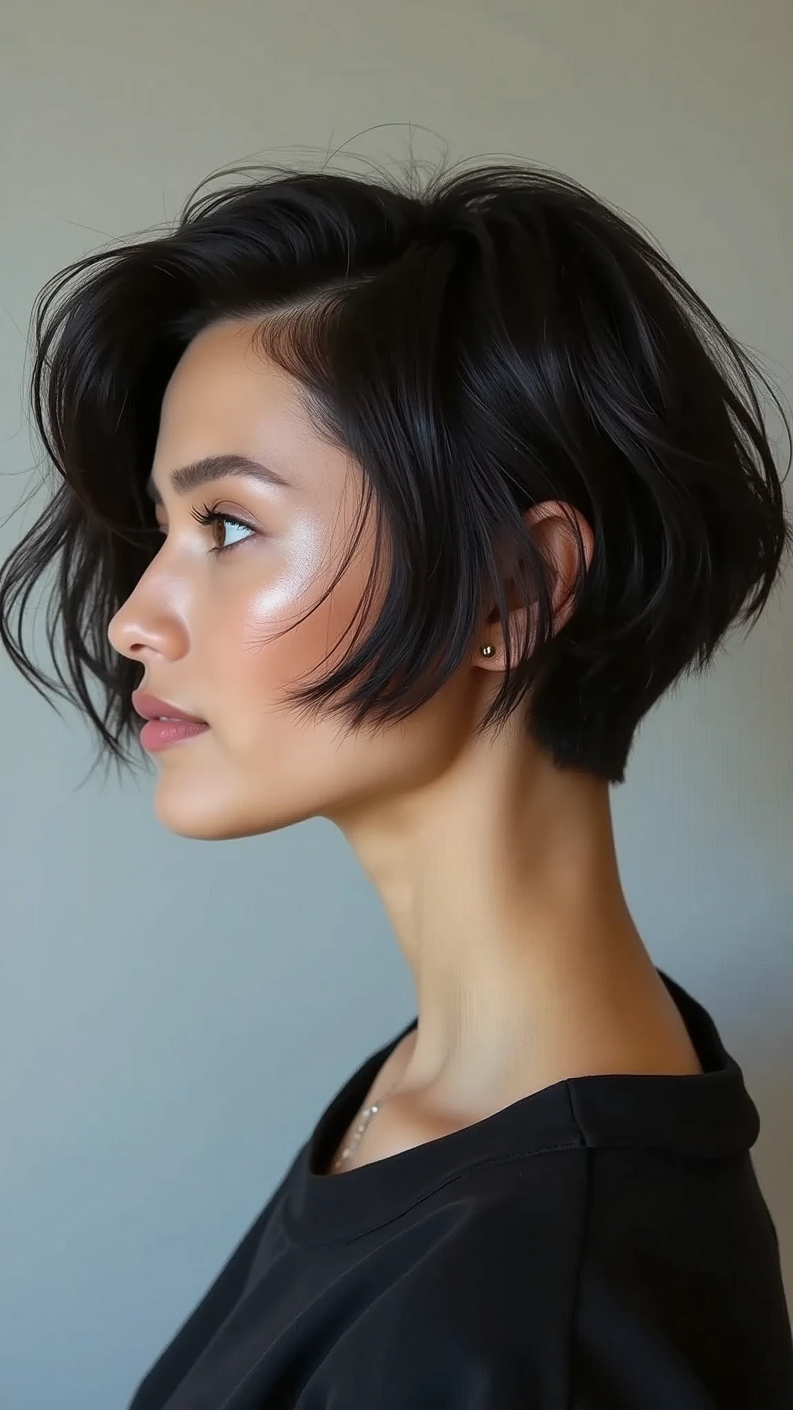 A chic bob with an undercut and soft, wavy layers.
