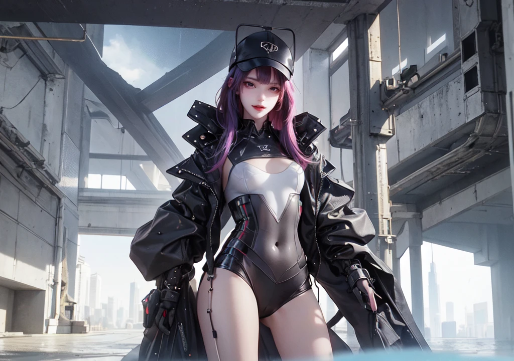 Beautiful woman medium hair, wearing cap, cyberpunk style short clothes
