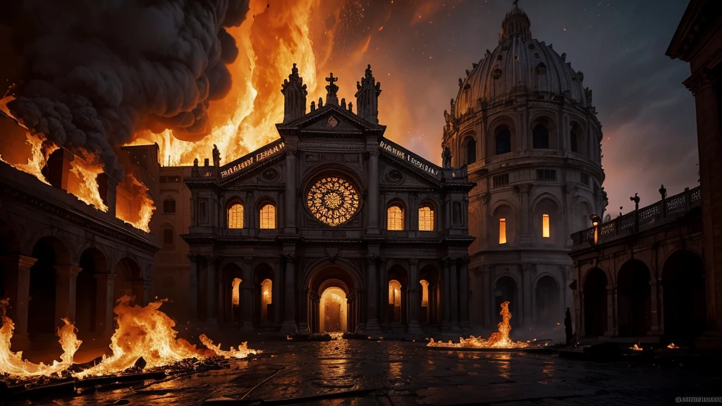 Old Rome, Midnight, dramatic,in the dark,dark, burning cathedral in the distance, Create a high-resolution digital painting of a street in the old rome with a burning cathedral in rome illuminated by the intense flames engulfing dimly the scene The background features the crumbling arches and shattered stained glass windows of the cathedral, all consumed by fire. The overall atmosphere is dark, chaotic, and anticlimactic with vivid details of the burning inferno heavy use of dramatic lighting and bold contrasts