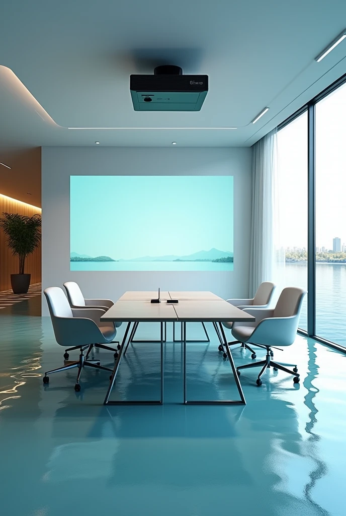Create a water meeting room, with a window on the right side and the left side has the hallway and is for six people, with a projector and wheels