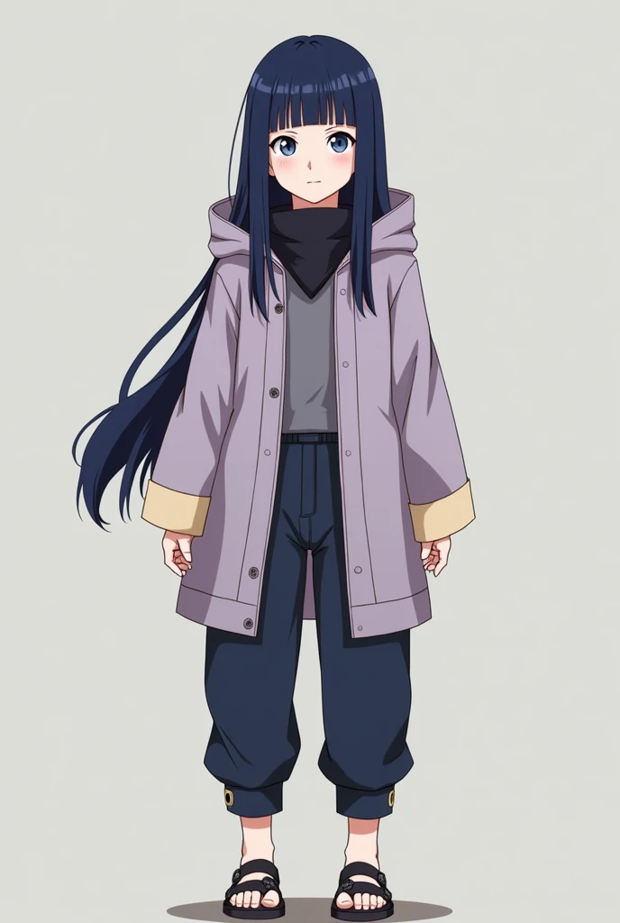 1 girl ninja Hinata hyuga from anime manga naruto shippuden , white skin, dark blue hair, long straight haircut, hime style, bangs, short shoulder-length locks, much more feminine, loose lavender hooded jacket, cream with lavender cuffs, Navy blue pants, black low-heeled sandals, ninja bandana around his neck, shy, tender, totally white eyes.
