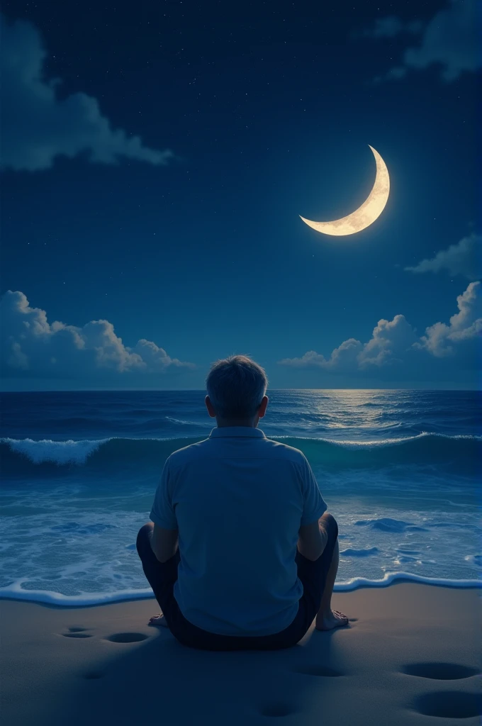 I want a picture of a man sitting with his back on the beach, with waves from the sea gently lapping at the beach, thinking about his old lover, and the moon and stars surrounding the moon.