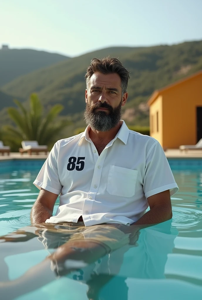 a 39-year-old white man, model type with dark hair,  shabby beard, clear eyes,, white shirt with number 85, calcao, sitting in a swimming pool in Alentejo