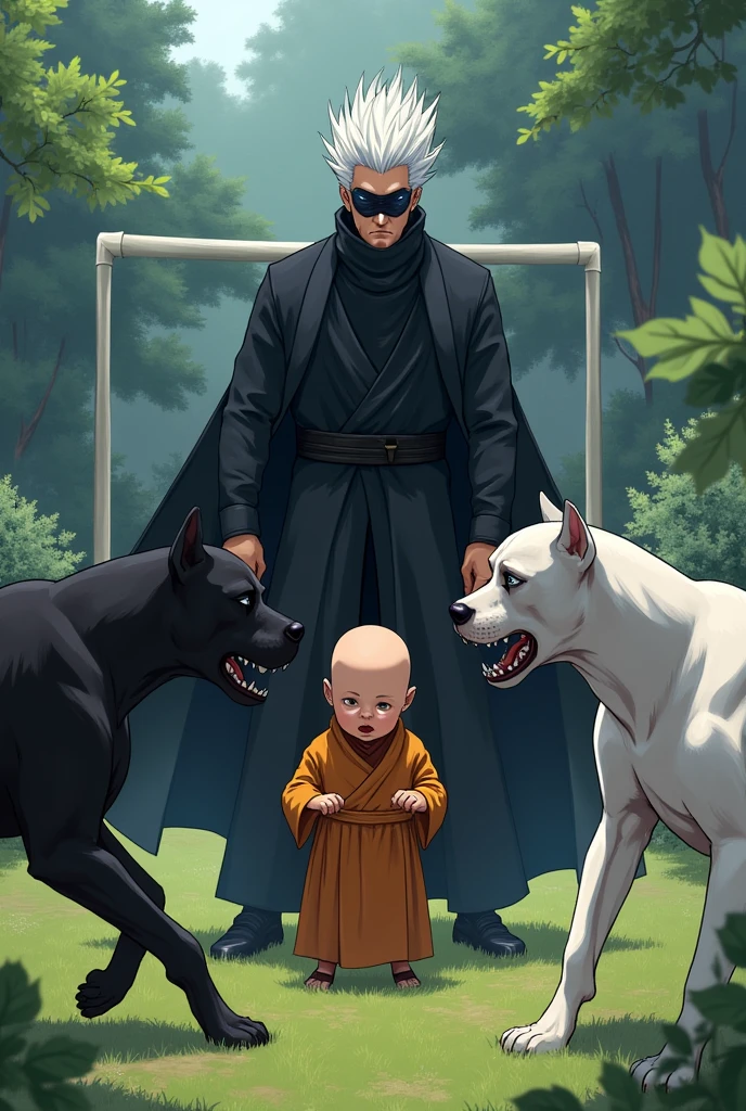 Create an image of a dramatic realistic scene where a baby dressed in monk robes, along with a white Great Dane and a black Great Dane, are fiercely attacking Satoru Gojo. Satoru Gojo, a tall, lean man with spiky white hair and striking blue eyes (often covered by a black blindfold or dark sunglasses) wearing a high-collared black uniform, should appear in a defensive stance. The two Great Danes should look aggressive, with their teeth bared and bodies tense. The baby should also show determination or anger, adding to the intensity of the confrontation. The setting is a garden with a goalpost in the background