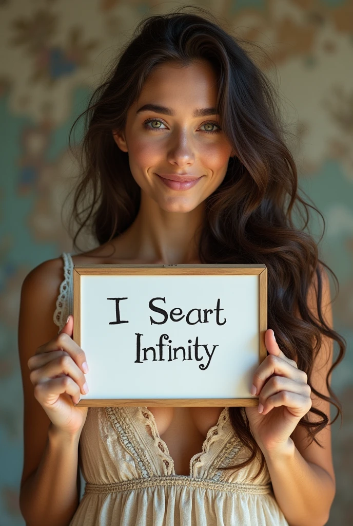 Beautiful girl with wavy long hair, bohemian dress, holding a white board with text "I Love 
Seaart Infinity" and showing it to the viewer