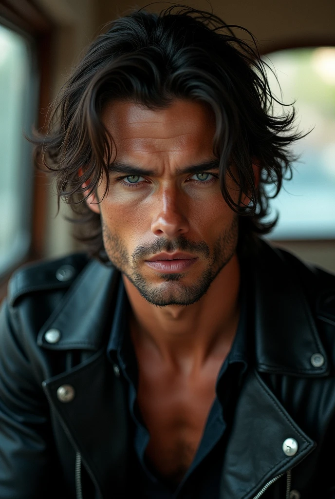 A handsome guy wearing some cool clothes with a bad boy kind of image
dark brown messy hair. Maybe a bit longer than the usual cut, but still easy to manage. Skin-wise a bit tanned. Nothing too extreme, just enough to have a bit of a golden touch. And deep blue eyes.