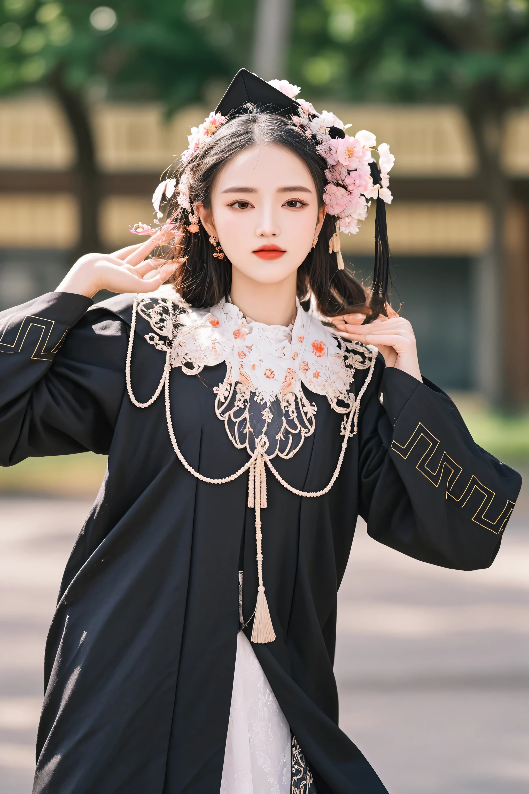 there is a woman in a black dress and a hat, palace ， a girl in hanfu, hanfu, with acient chinese clothes, wearing an ornate outfit, white hanfu, inspired by Huang Ji, cai xukun, wearing ornate silk clothes, traditional chinese clothing, chinese costume, inspired by Ma Yuanyu, wearing a black noble suit, wearing ornate clothing