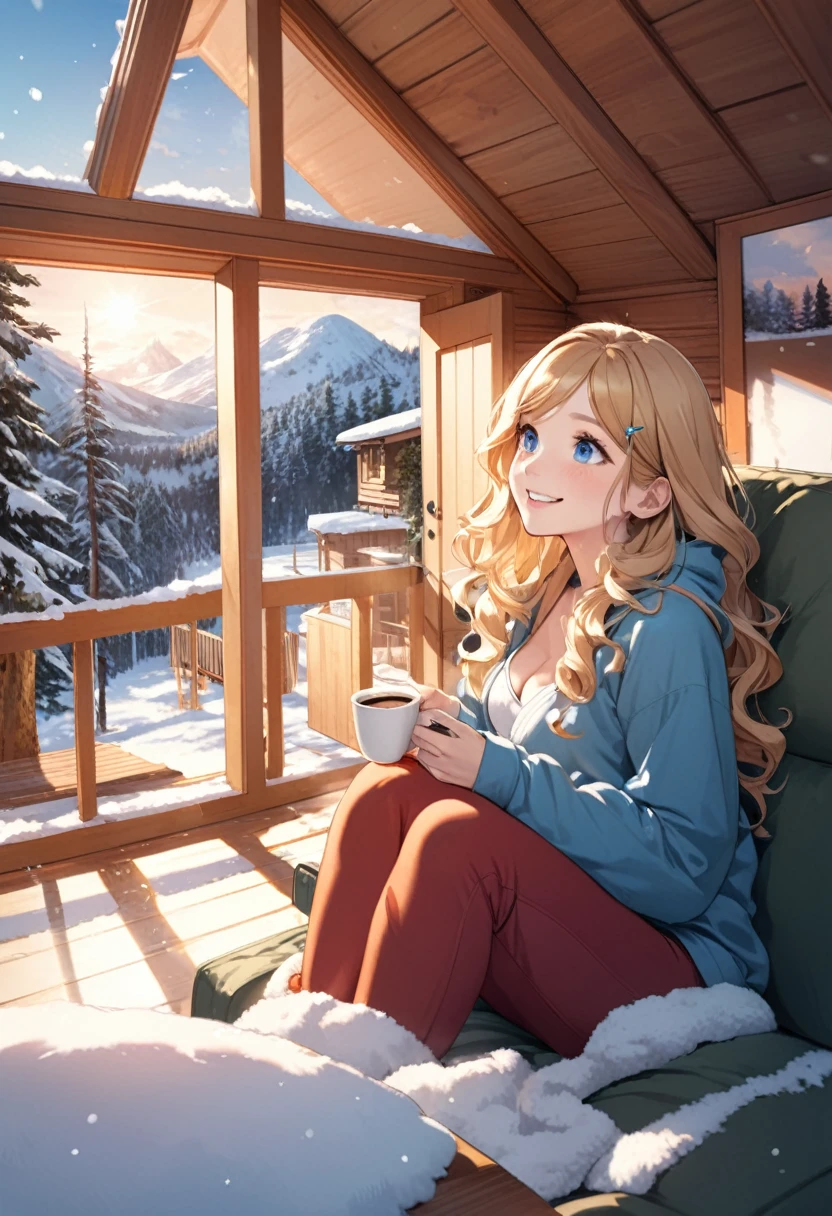 detailed illustration, dynamic angle, ultra-detailed, illustration, 1girl, long wavy blonde hair, long hair, bright blue eyes, hair clip, cleavage, medium breasts, cabin, inside, snow outside, sitting on couch, wearing long johns,  smiling, drinking coffee, happy, looking up 