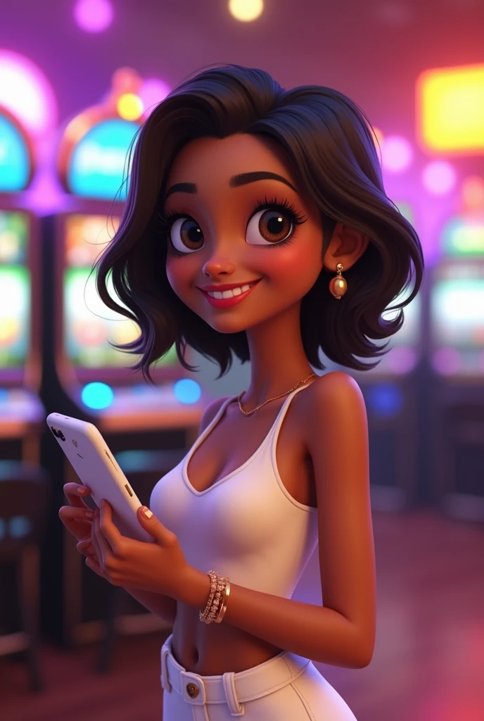 create a pixar-style 3d illustration of a Brazilian woman with light brown skin, flat hair, cut at shoulder length, with lighter highlights at the ends, Your smile conveys a feeling of confidence and friendliness. delicate accessories, white look with cropped top and loose and elegant white pants, delicate accessories. She is sitting in front of a colorful slot machine, with its lights reflecting on the scene, and your smile shows expectation, holding a white iPhone.