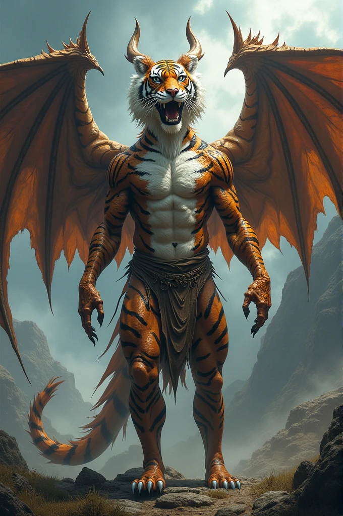 A dragon with a skin pattern of a tiger and has a wingsof an eagle and the body of a human 
