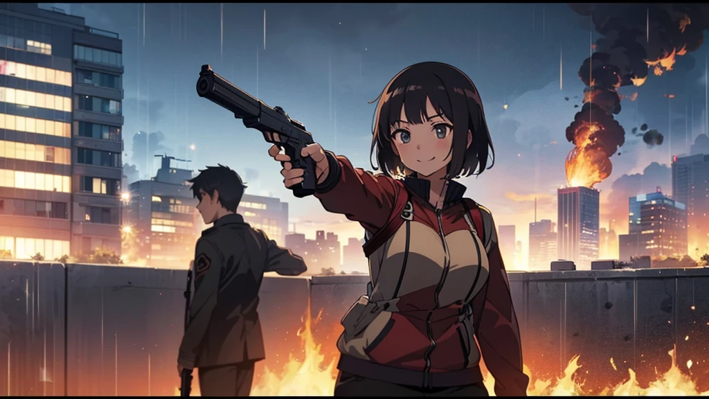 1 women, milf, pointing gun at teenage boy, smiling, heavy atmosphere, fire in the city and buildings in background, mahnawa style, mahnawa, anime, high quality, meture women, smart boy, hand gun, blood, rain, anime.