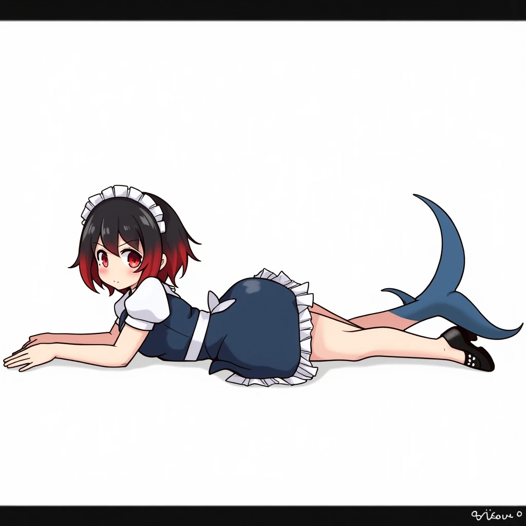 1girl, anus, solo, pussy, fish tail, tail, ass, black hair, multicolored hair, red eyes, red hair, shark tail, maid headdress, lying, fins, looking at viewer, maid, from behind, on stomach, uncensored, short hair, white background, looking back, spread legs, blush, two-tone hair, black dress, sweat, simple background, streaked hair, patreon username, web address, colored inner hair, hair ornament, cleft of venus, dress, artist name, bottomless, pixiv username, letterboxed, thighs, ass focus, fanbox username, shark girl, symbol-shaped pupils, no panties, mole on ass, presenting, lizard tail, watermark, heart, frills, cetacean tail, sharp teeth, censored, mole, horns, dragon tail, x hair ornament, sweatdrop, borrowed character, shiny skin, puffy sleeves, head fins, fat mons, gradient hair, anime style.