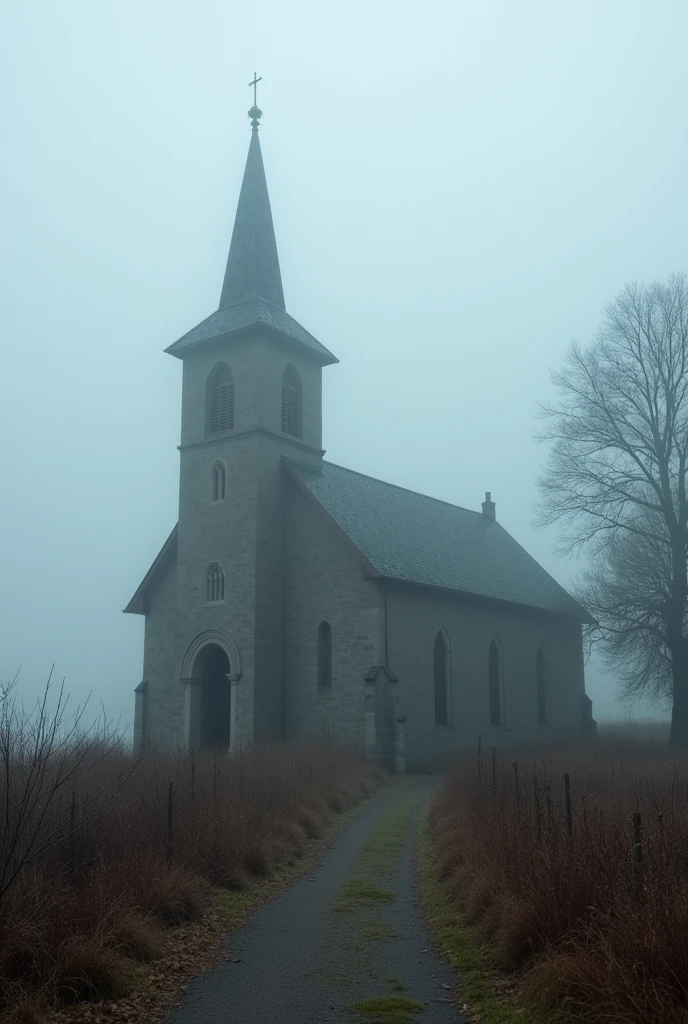 old church in the fog 