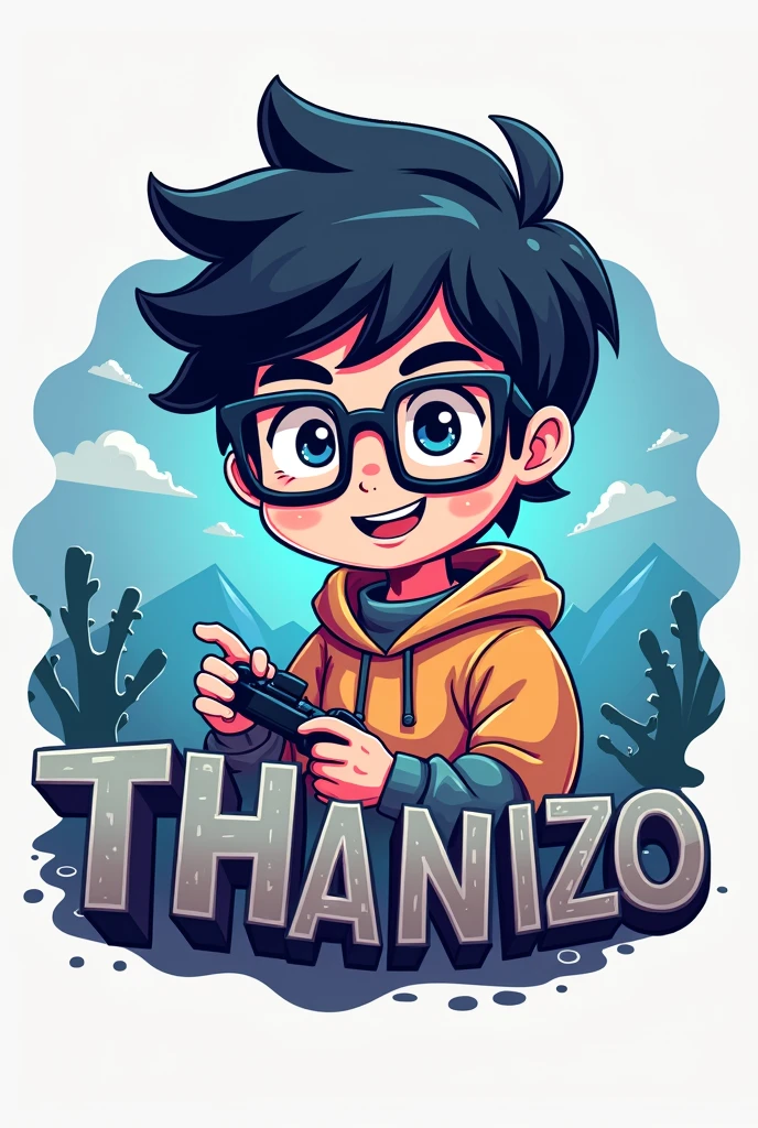 Make a logo mascot where the mascot is a gamer boy with square glasses and looks like he is playing with the letters THDANIIZO and wearing a sweatshirt