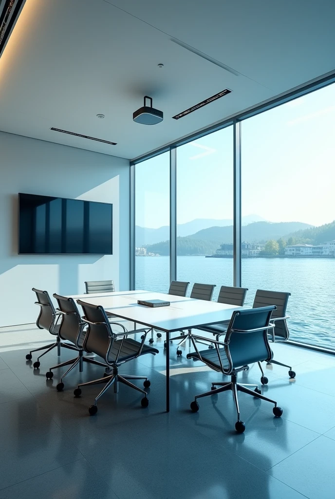 Create a water meeting room, with a window on the right side and the left side has the hallway and is for six people, with a projector and wheels, 180 degree view