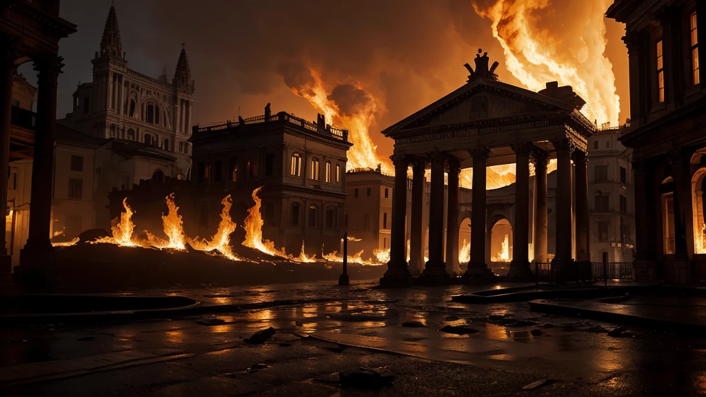 Old Rome, Midnight, dramatic,in the dark,dark, burning cathedral in the distance, Create a high-resolution digital painting of a street in the old rome with a burning cathedral in rome illuminated by the intense flames engulfing dimly the scene The background features the crumbling arches and shattered stained glass windows of the cathedral, all consumed by fire. The overall atmosphere is dark, chaotic, and anticlimactic with vivid details of the burning inferno heavy use of dramatic lighting and bold contrasts