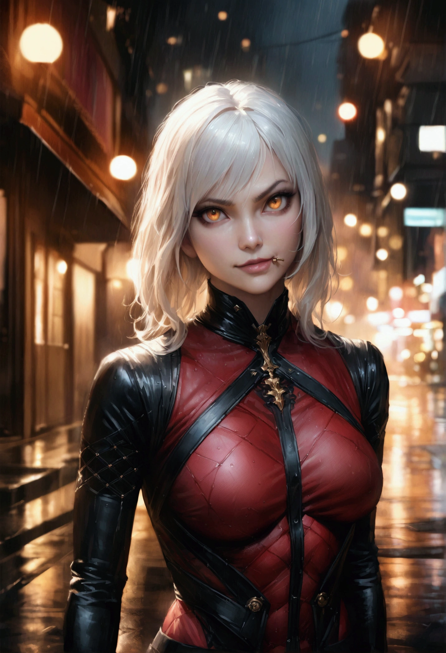 anime women, dark outfit with red details, white hair, (golden eyes) standing in a rain soaked street at night, photorealistic, cinematic lighting (best quality:1.2),ultradetailed,vivid colors,bokeh,[realistic], angry looking face with smirk on mouth, piercing, ABS, looking up at the camera