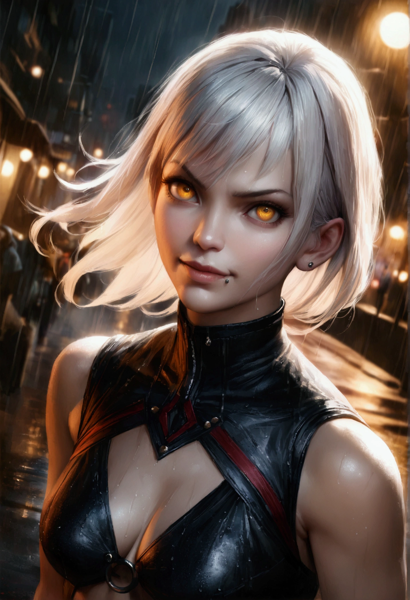 anime women, dark outfit with red details, white hair, (golden eyes) standing in a rain soaked street at night, photorealistic, cinematic lighting (best quality:1.2),ultradetailed,vivid colors,bokeh,[realistic], angry looking face with smirk on mouth, piercing, ABS, looking up at the camera