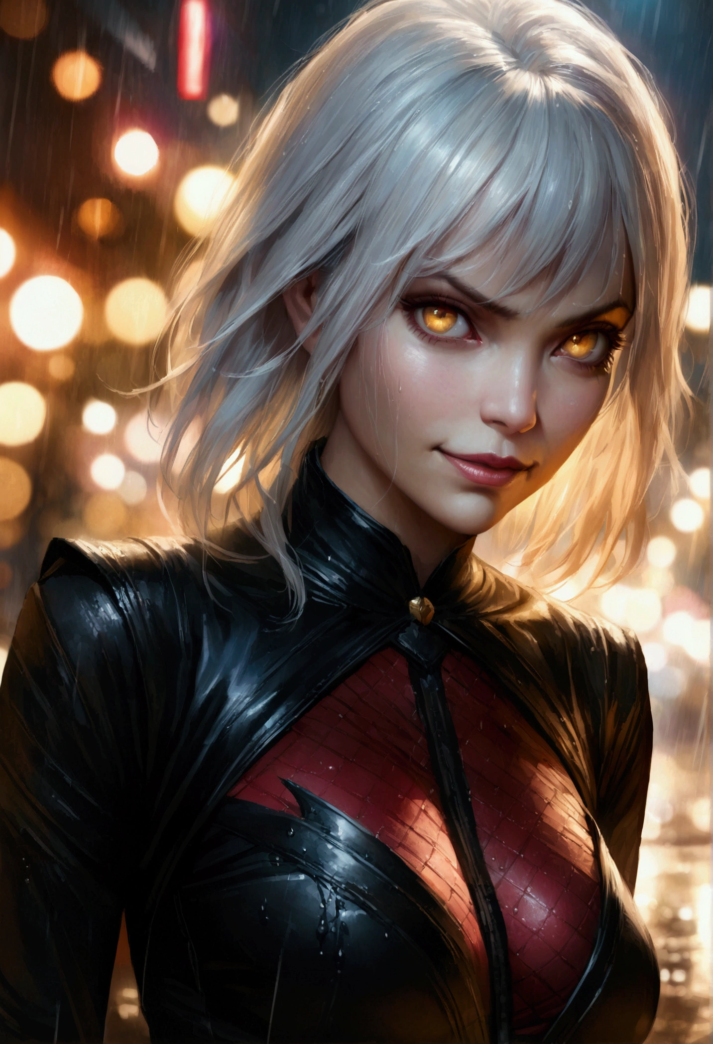 anime women, dark outfit with red details, white hair, (golden eyes) standing in a rain soaked street at night, photorealistic, cinematic lighting (best quality:1.2),ultradetailed,vivid colors,bokeh,[realistic], angry looking face with smirk on mouth, piercing, ABS, looking up at the camera