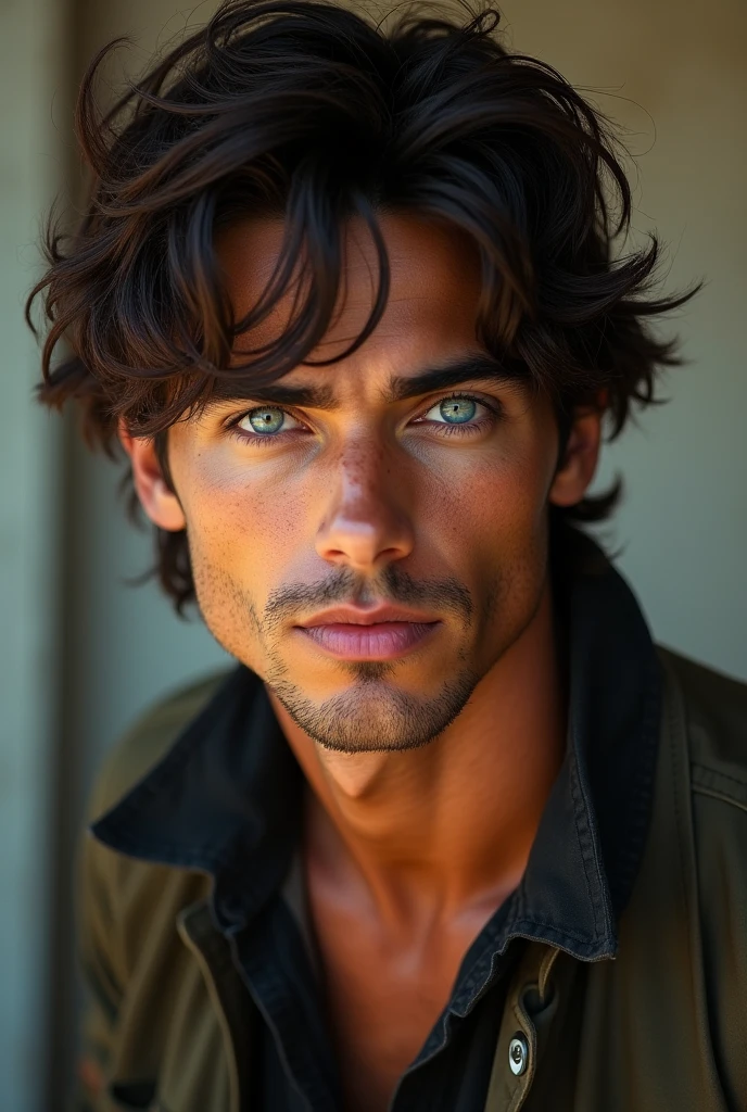 
A handsome  young guy wearing some cool clothes with a bad boy kind of image
dark brown messy hair. Maybe a bit longer than the usual cut, but still easy to manage. Skin-wise a bit tanned. Nothing too extreme, just enough to have a bit of a golden touch. And deep blue eyes.
