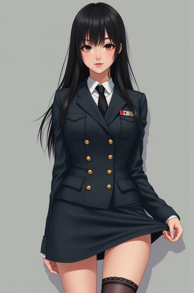 Japanese woman in uniform with skirt rolled up to reveal underwear
