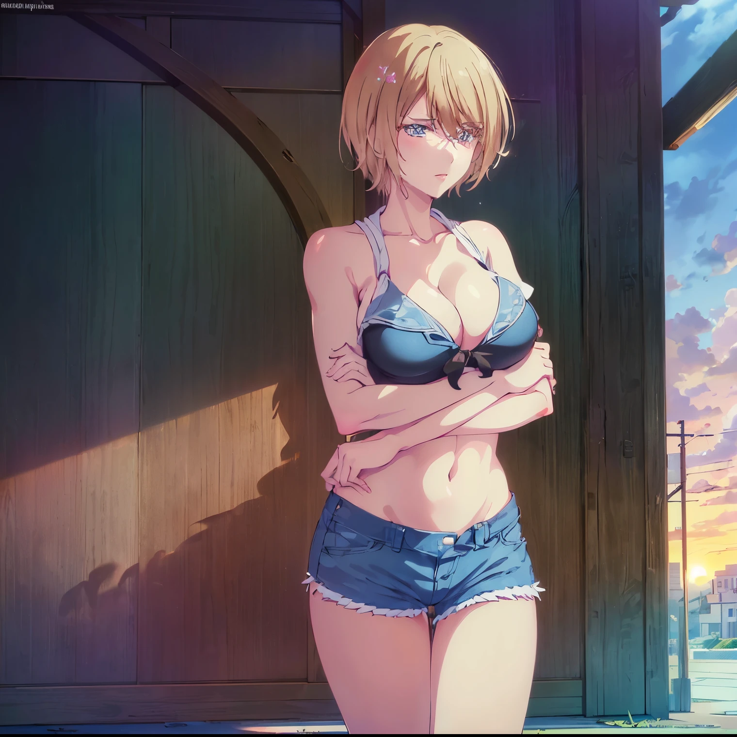 ((1girl)),((alone)),akane hououji,(masterpiece), (best quality), (ultra detailed), (best illustration), (best shadow), (absurdities), sharp focus, cowboy shot ,atmospheric perspective, depth of field, dynamic posture looking at the viewer, large breasts, narrow waist, wide hips, wide thighs, round butt, erotic, romantic, (very detailed eyes, lips 1.1), very detailed eyes, eyes, very face detailed, very beautiful face, full height, beautiful slim figure, femininity, expressive appearance, elastic big breasts, sexuality, dull blonde hair, short hair, blue eyes,((black blouse:1.4)), ((short blouse)), tight blouse,((bare shoulders, bare arms, ((cleavage)),((denim shorts :1.3)),,((bare legs)),((white tennis shoes)),curves, defined body,Perfect body and beautiful, perfect and beautiful, closed mouth, smile, happy smile, blushing, (sexy pose: 1.2), ((solo:1.4)), standing: 1.3,(( city:1.3, exterior : 1.5, sunset: 1.5, buildings: 1.5, streets: 1.4, Japanese metropolitis: 1.4)),looking back,((focus on ass)), point of view :(from the middle), perfect anatomy, perfect hands