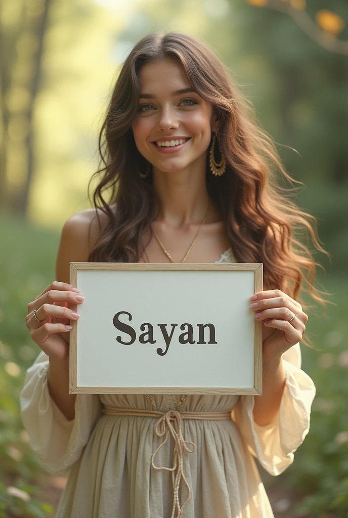 Beautiful girl with wavy long hair, bohemian dress, holding a white board with text "Sayan " and showing it to the viewer