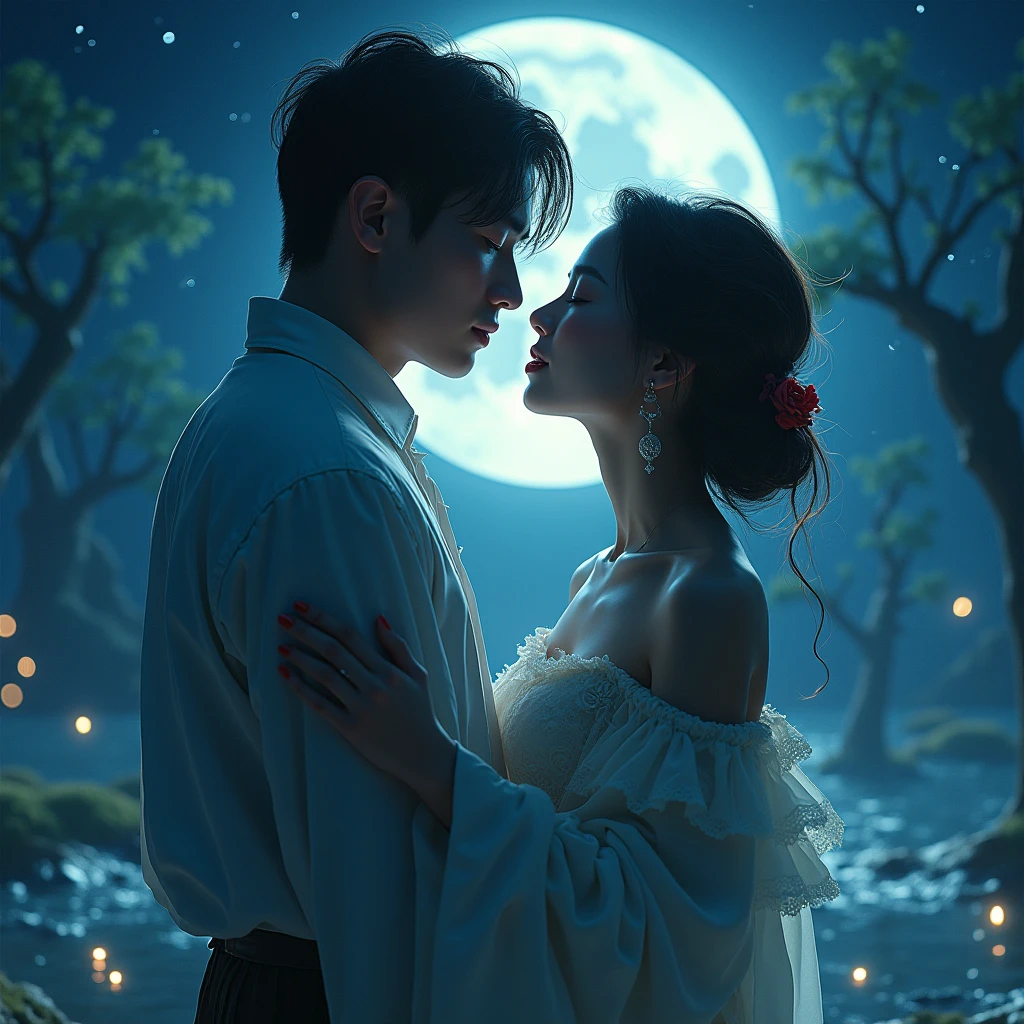Moonlit Confession, lovers, moonlight, by Qi Baishi, cinematic still, dynamic movement, surreal, (best quality, masterpiece, photorealistic), very aesthetic, perfect composition, intricate details, ultra-detailed, vivid colors