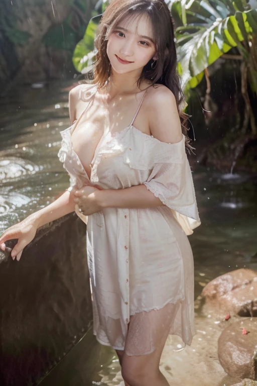 RAW, Best quality, high resolution, masterpiece: 1.3), beautiful Arabian woman, Masterpiece, rain, perfect wet soaked body, wet clothes, (small breast), cleavage cutout, open breast, black chignon hair, open stand, realistic, (heavy hairy pubic:1.3), Soft smile, thick thighs, woman standing in the waterfall in a dark red batik patterned kebaya short dress, she is about 20 years old, pale white skin, wearing a sexy red kebaya dress, arms up