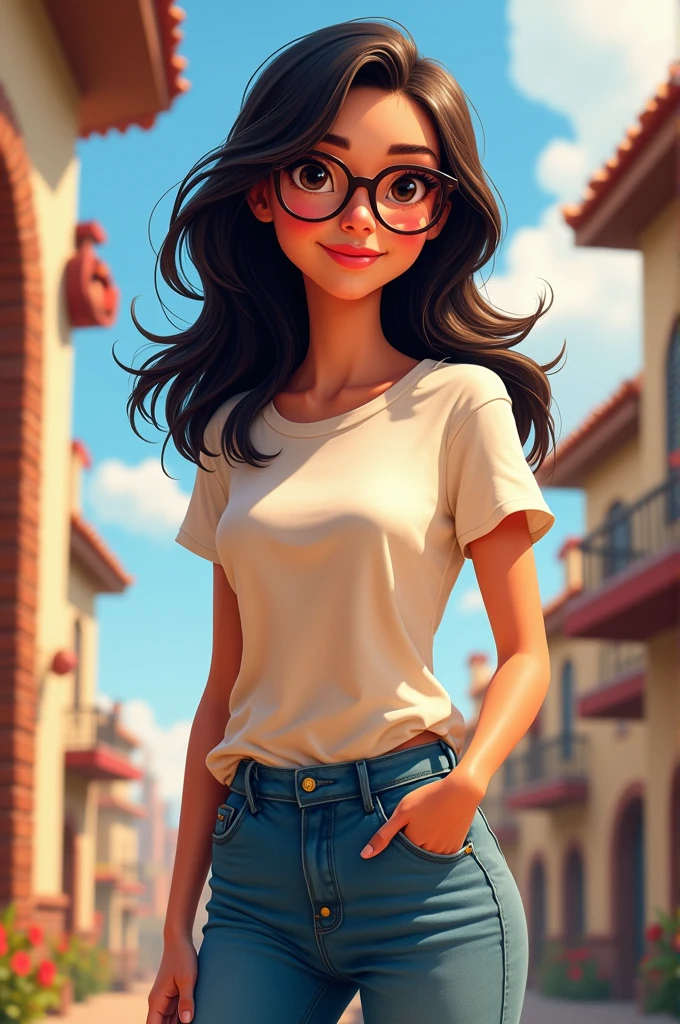 36 year old woman, disney pixar style, dark long hair, with glasses, wearing jeans and a T-shirt