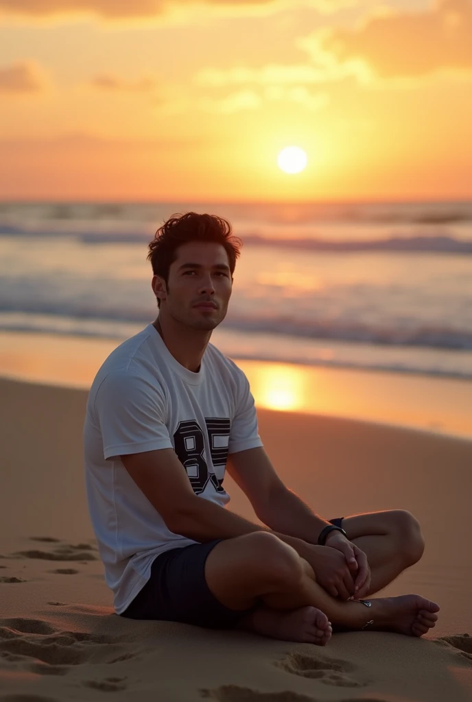 a 39-year-old white man, model type with dark hair, Barba feels, clear eyes,, white shirt with number 85, calcao, sitting on the beach in the Algarve watching the sunset and with your face to the side looking at the camera