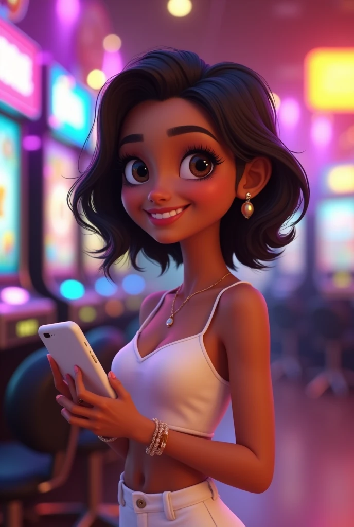 create a pixar style 3d illustration of a 25 year old girl, Brazilian with light brown skin, flat hair,cut past the shoulder black eyes, a little pulled, slightly arched eyebrow, with lighter highlights at the ends, Your smile conveys a feeling of confidence and friendliness. delicate accessories, white look with cropped top and loose and elegant white pants, delicate accessories. She is standing in front of a colorful slot machine., with its lights reflecting on the scene, and your smile shows expectation, holding a white iPhone. well-lit 