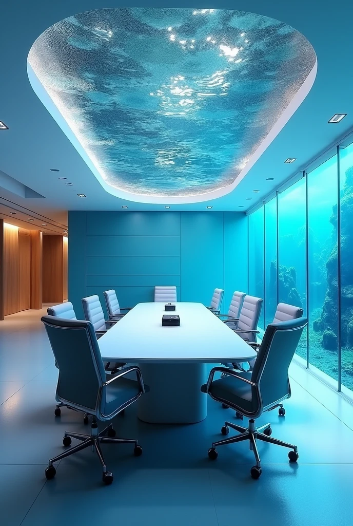 Create a water meeting room, with a window on the right side and the left side has the hallway and is for six people, with a projector and wheels, 180 degree horizontal view 
