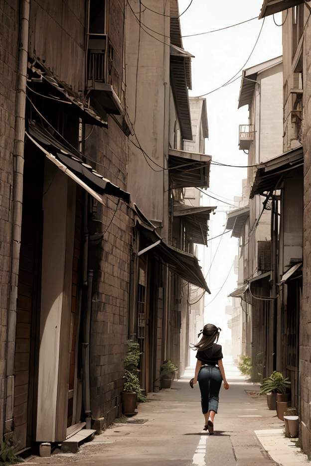 age girl walking away, big ass, big breasts, Background, narrow passage, buildings on the sides, small trees on the sides, dusty street, (angle: 1:5, directly behind the girl