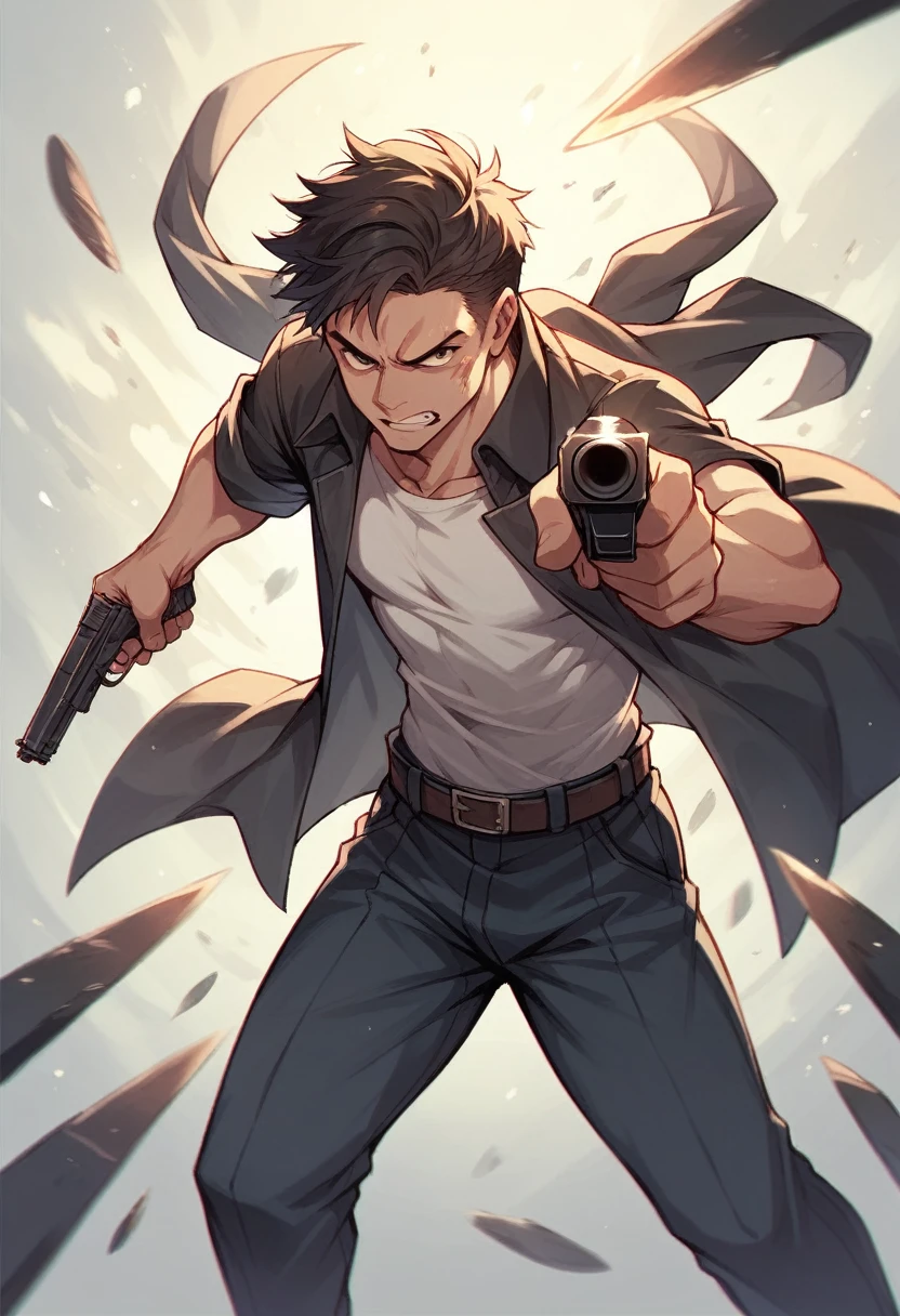 men dual wielding pistol aiming