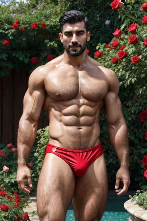 a handsome giant muscle azerbaijani man short black with front bangs cover his forehead shirtless wearing a red speedo at the roses garden