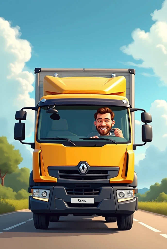 
create for me a man driving a truck, smiling, a cartoon, the truck has to be a Renault model, preferably a Renault t high, the entire truck has to appear from the front