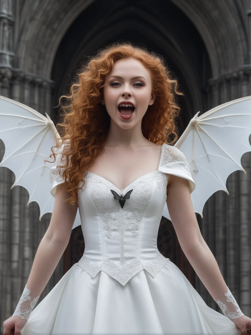 a full portrait of a red-haired curly-haired young girl Marishka, dazzlingly beautiful, great bat wings, she has white enamel skin from head to toe and wings, she shows extended vampire fangs in her mouth, she hovered in the air with her wings vertically open, against the background of a Gothic cathedral, hyperrealism, portrait of a flying Marishka in the image of the bride of Dracula, (Van Helsing)