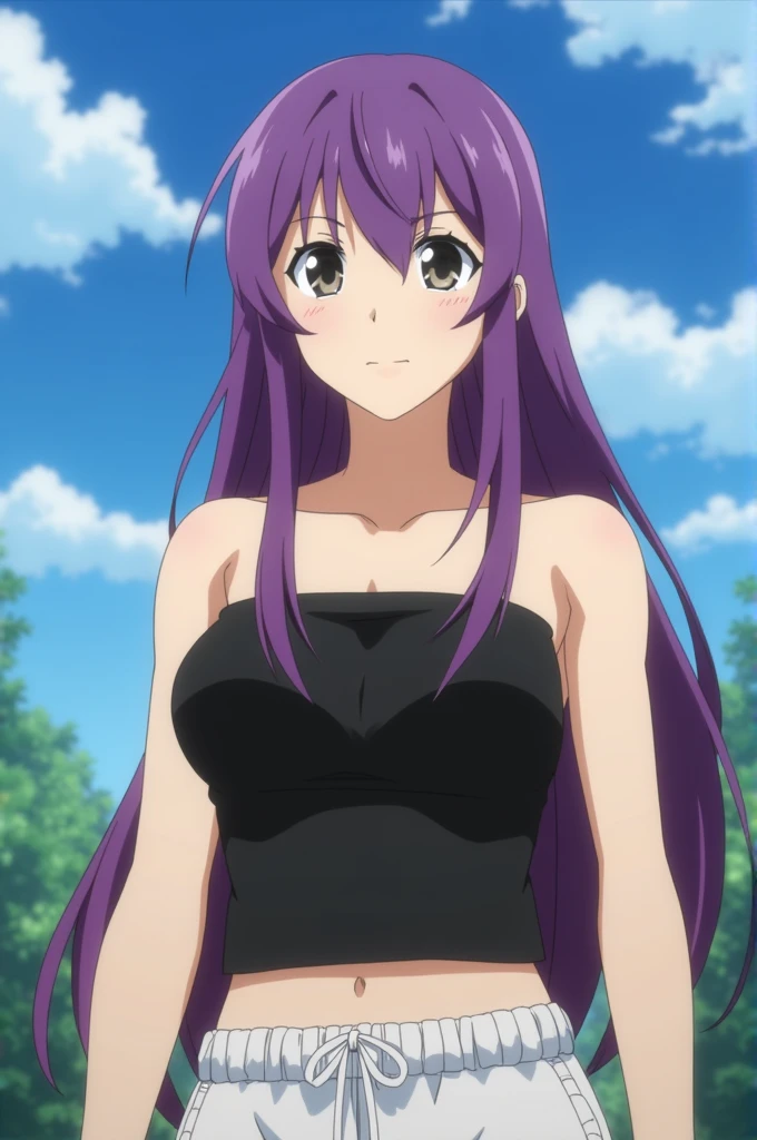 Screenshot of boku no hero academia, boy long straight purple hair, black eyes, He is wearing a black bustier and white shorts..