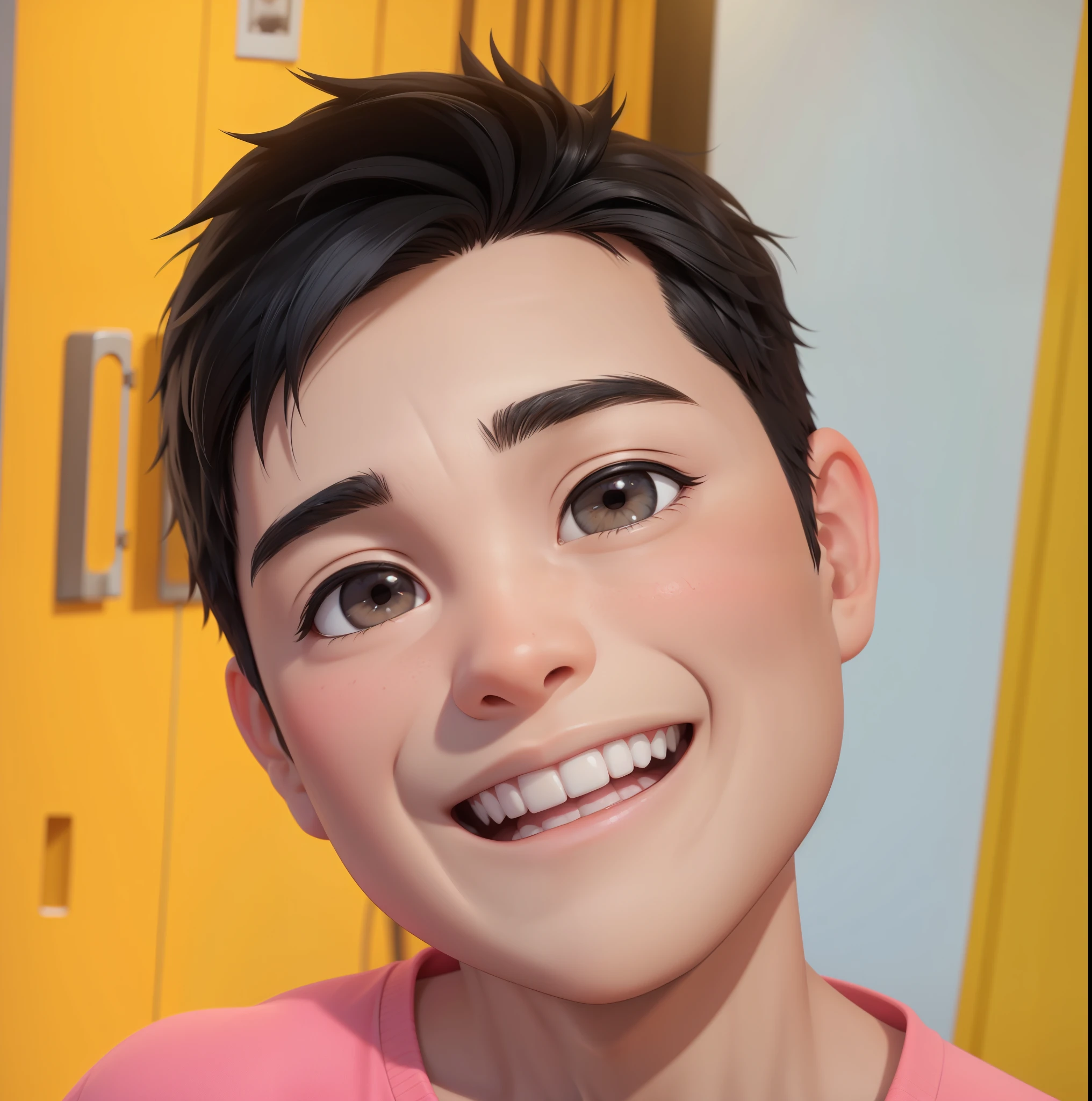 A boy 8 years old, beautiful black hair, half body, smiling cheerfully, portrait, 3D cartoon, realistic, natural skin, unreal,