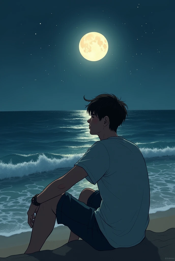 I want a picture of a young man sitting with his back on the beach, with waves from the sea gently lapping at the beach, thinking about his old lover, and the moon and stars surrounding the moon.