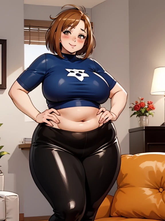high quality, best quality, beautiful, perfect lighting, detailed face, mature face, ((1girl)), ((solo)), Imagine Ochaco Uraraka as an adult, 45 years old, motherly, mom, MILF, plus sized milf, short brown hair, brown eyes, ((blush)), smile, looking at viewer, black leather pants, dark blue shirt, white heels, ((medium breasts)), wide hips, thick thighs, chubby, love handles, muffin-top, round belly, living room, hands on hips,