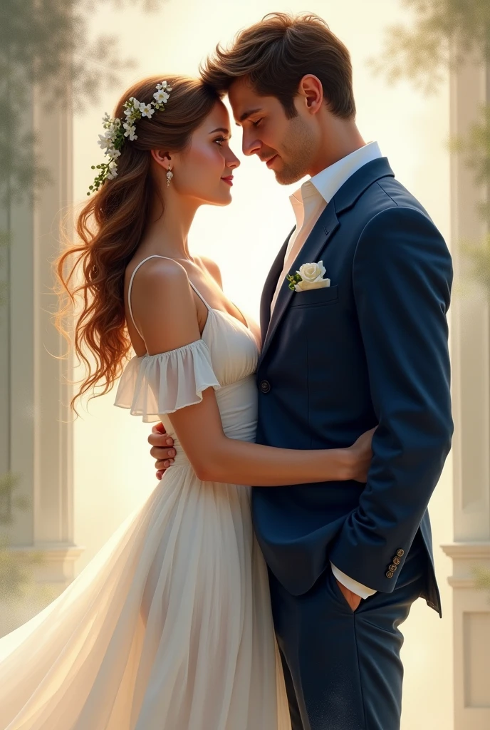 For cover novel
have girl wearing white dress
And man wearing nevy blue suit