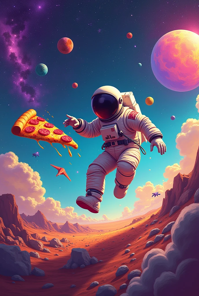 Create a vibrant and dynamic illustration of an astronaut floating in cosmic space, in an environment of intense and surreal colors. The astronaut, dressed in a futuristic spacesuit, is in a chase pose, with facial expression visible through the helmet's visor, showing a combination of determination and surprise. He is trying to reach a large, tasty slice of pizza, which seems to be floating a few feet ahead. The slice of pizza should be very detailed, with visible ingredients like melted cheese, pepperoni, and the golden crust.The pizza should look almost three-dimensional, standing out in the vast space landscape. The space around the astronaut and the pizza should be filled with a mix of vibrant colors, such as purples, blues, and greens, with bright stars and colorful nebulae in the background. Add elements such as colorful asteroids and a distant galaxy to enrich the environment. Make sure the lighting is dramatic, with fountains