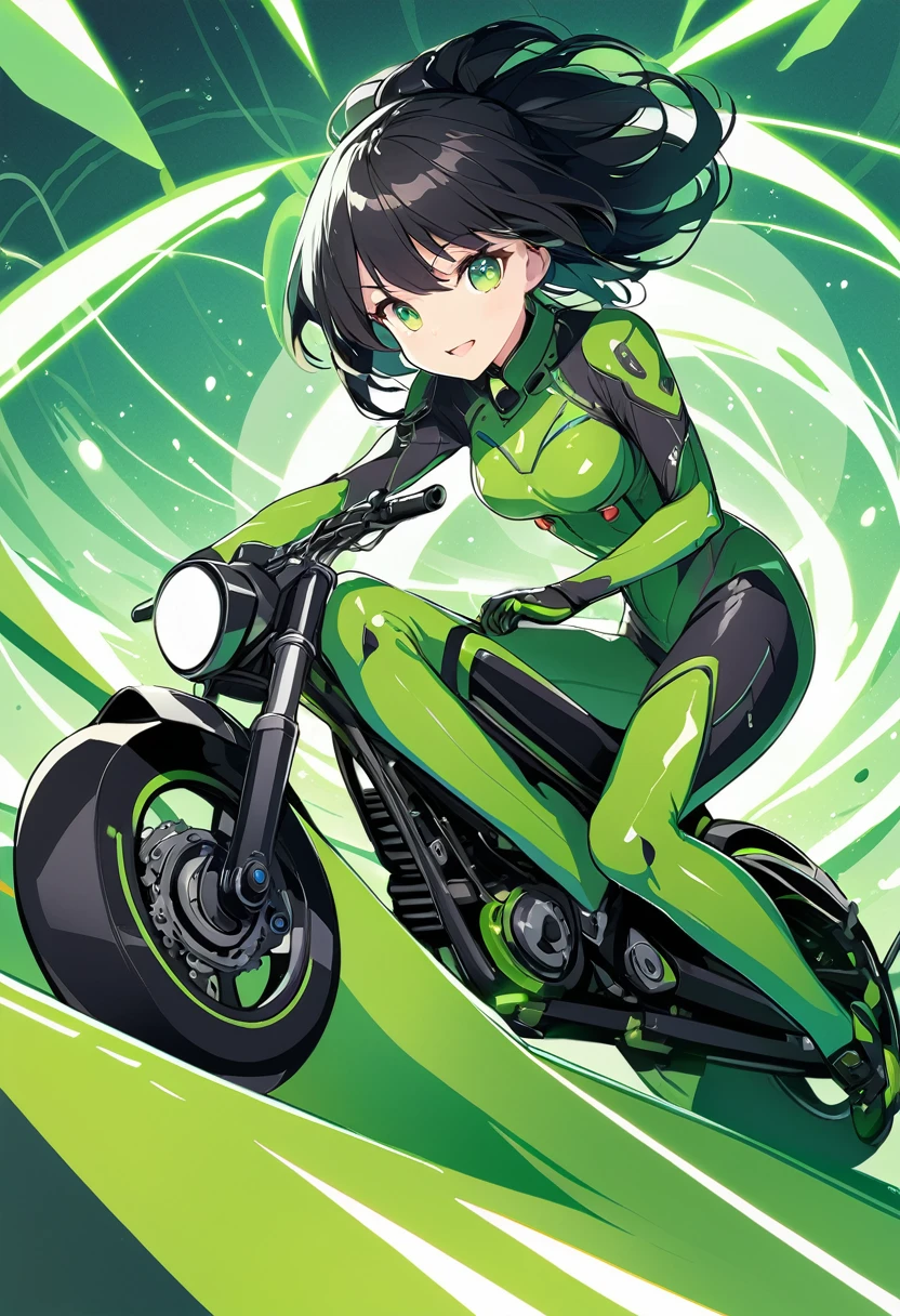 Girl whit short black hair,green eyes,green futuristic suit riding a bike
