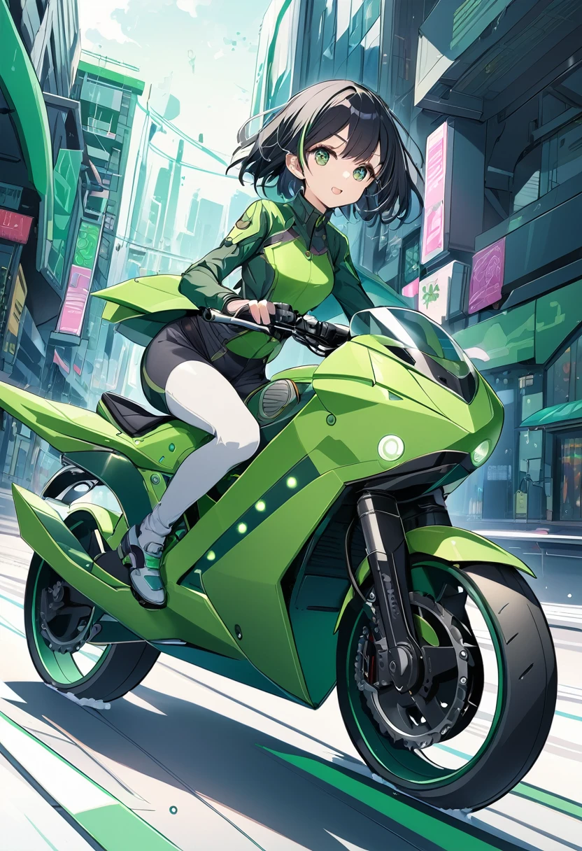 Girl whit short black hair,green eyes,green futuristic suit riding a bike