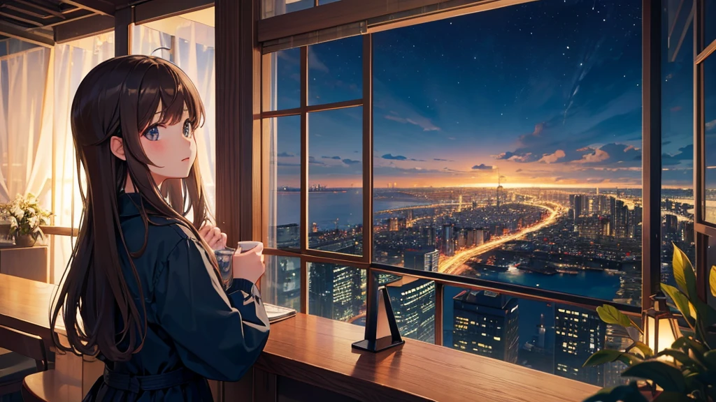 Girl looking out from observation deck at the top of the mountain、Brown hair, semi-long、You can see the sea and the city in the distance、Night view